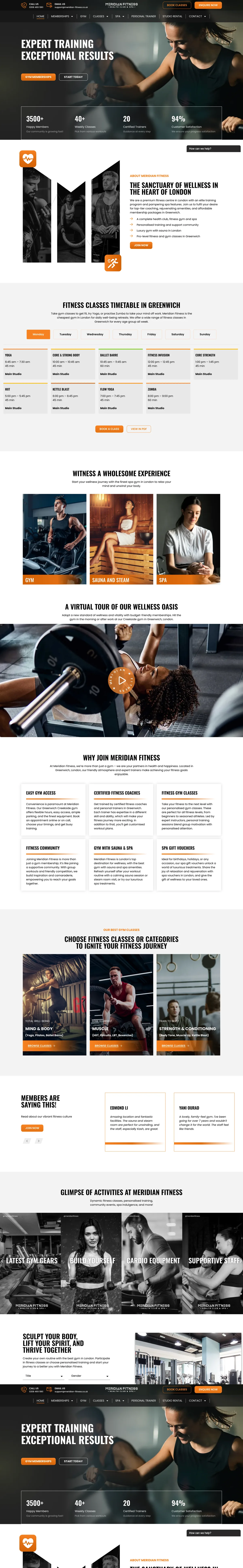 Full-length screenshot of the Meridian Fitness UK homepage captured in October 2026