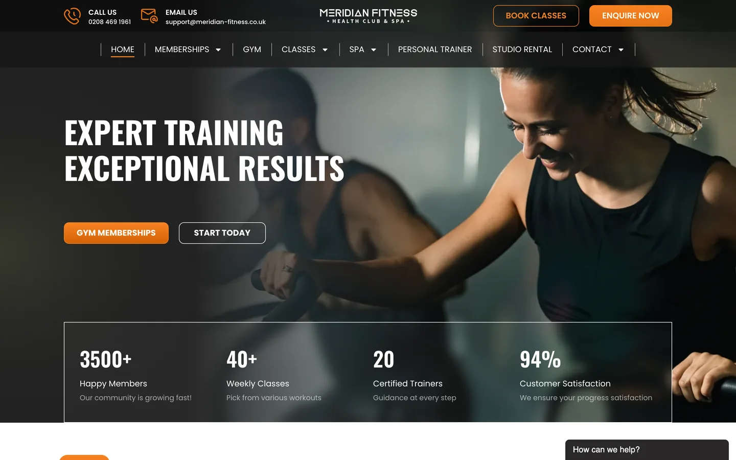Current homepage of Meridian Fitness UK, showing the Expert Training Exceptional Results hero and the gym's main navigation