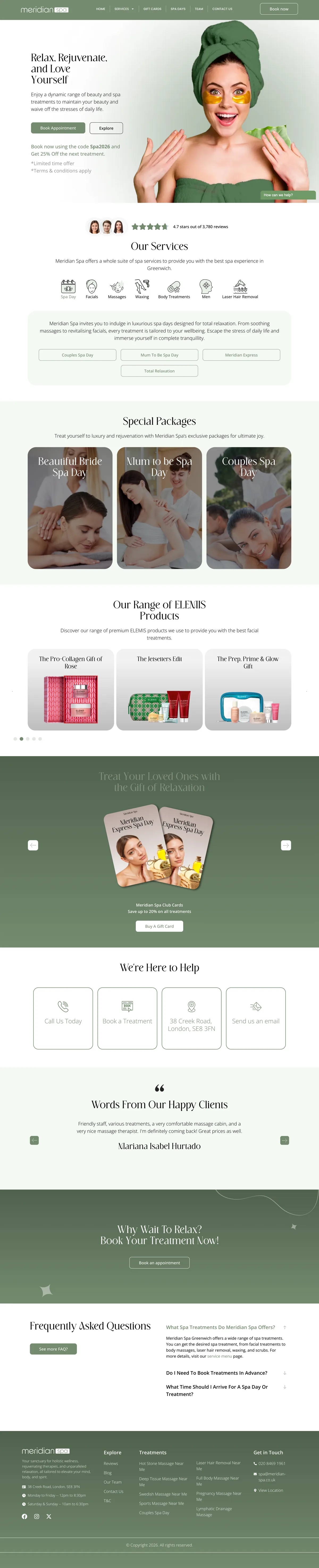 Full-length screenshot of the Meridian Spa UK homepage captured in October 2026