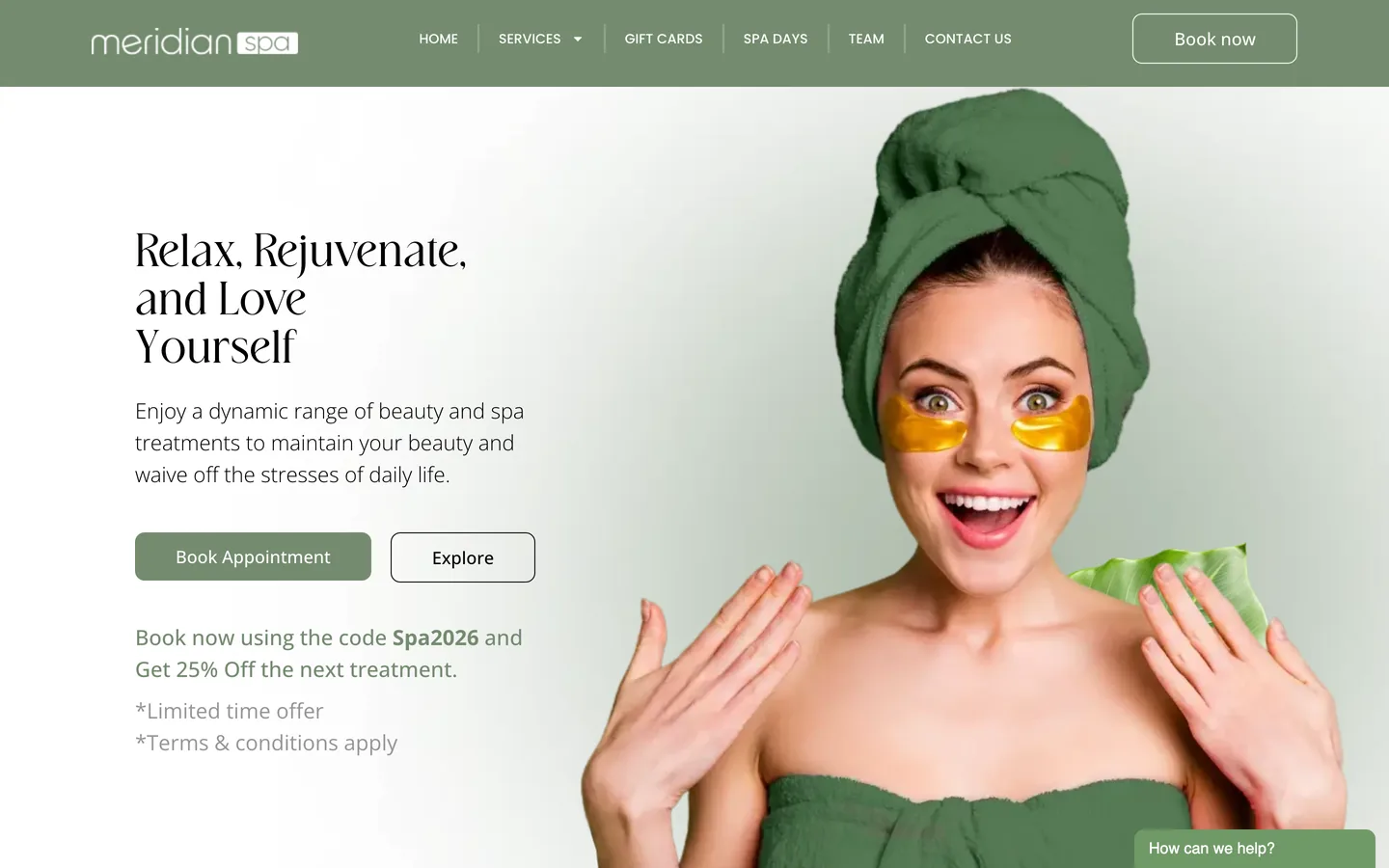 Current homepage of Meridian Spa UK, showing the Relax, Rejuvenate and Love Yourself hero and the spa's booking navigation