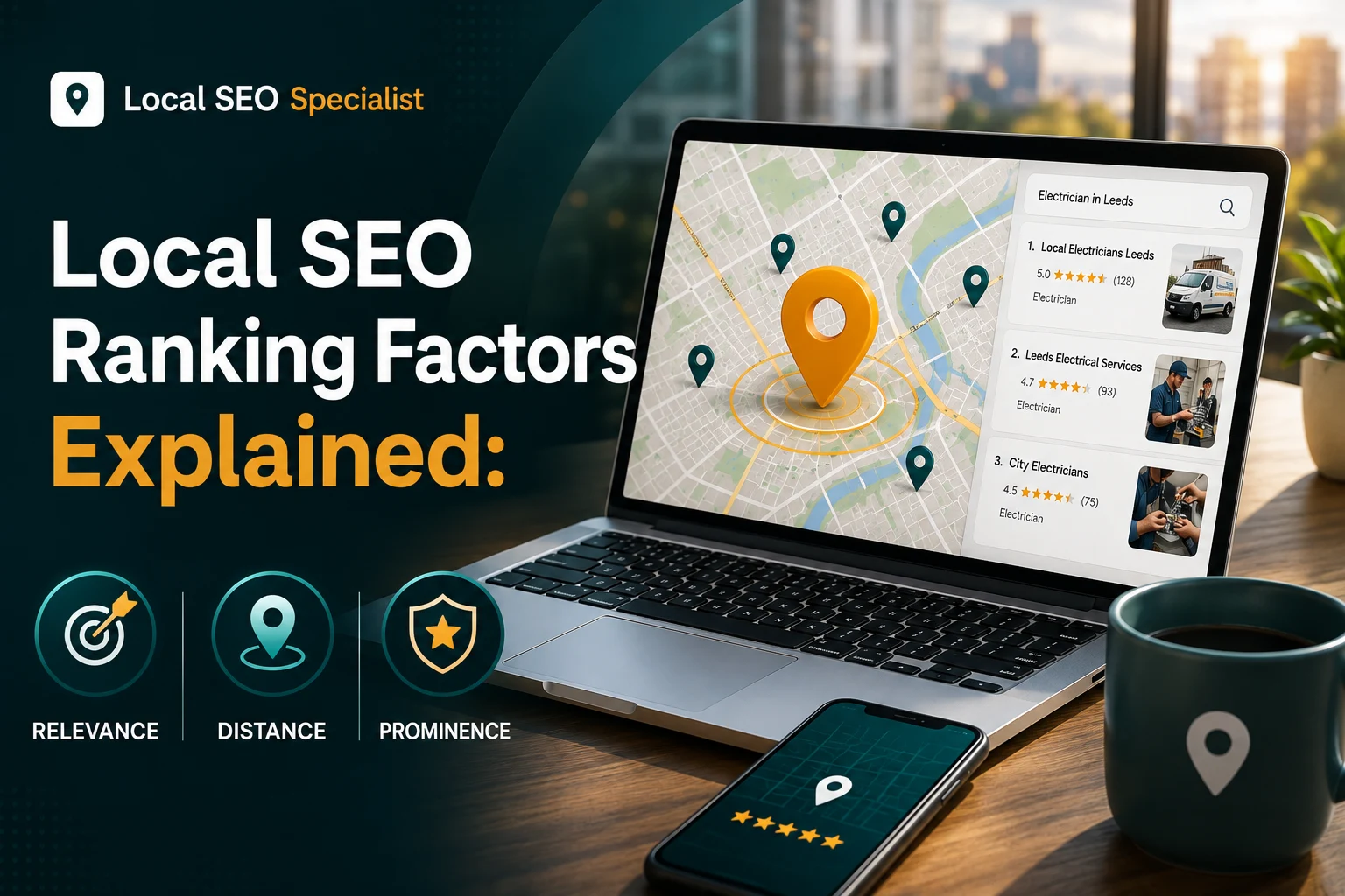 Local SEO ranking factors including Google Business Profile, reviews, citations, proximity and local links