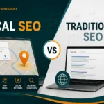 Local SEO vs traditional SEO comparison showing local map rankings, reviews and location-based search versus organic search