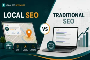 Local SEO vs traditional SEO comparison showing local map rankings, reviews and location-based search versus organic search